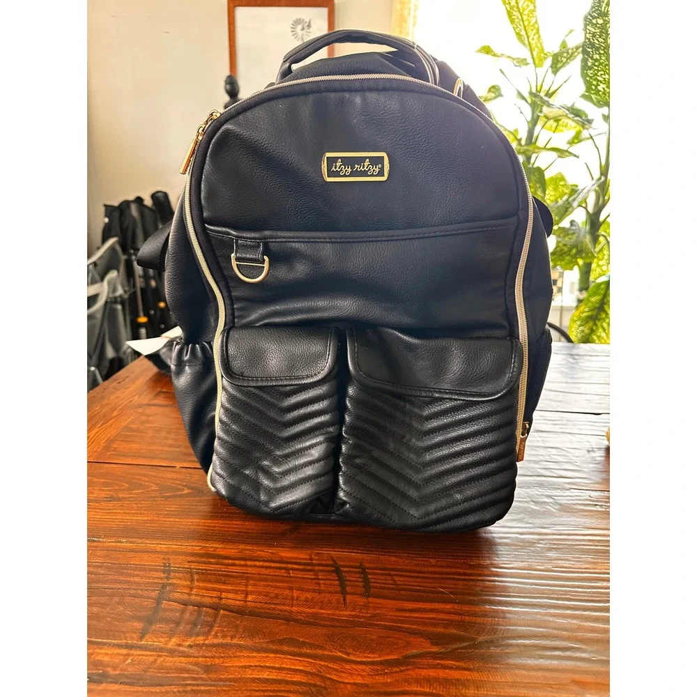 Itzy Ritzy Boss Backpack Diaper Bag Black Vegan Leather Gold Hardware Quilted
